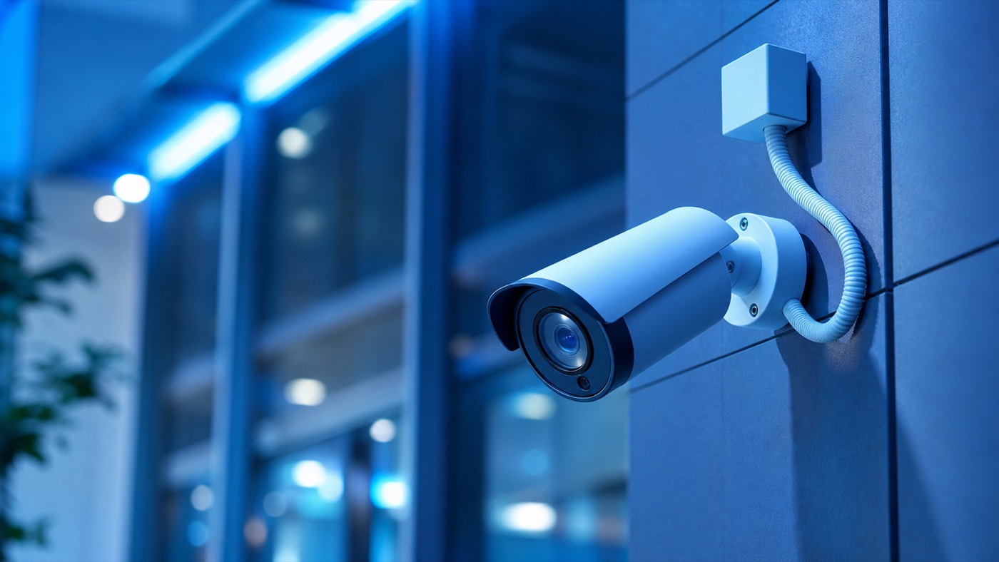 Blue CCTV bullet camera installation